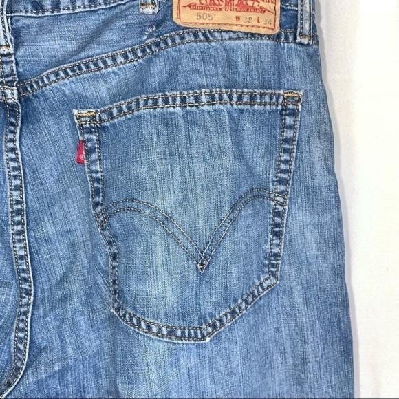 Levi's 505 Jean Straight Leg Regular Fit High Rise Zipper Fly Demin Blue Jeans - Picture 8 of 10